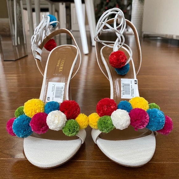 Aquazzura Shoes - Aquazurra Raffia Pon Pon Sandal, White/Multi